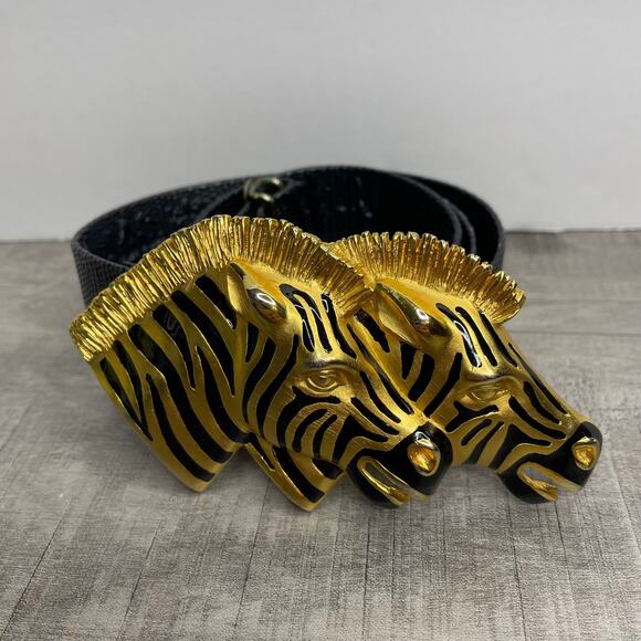 Vintage DOREEN RYAN Double Zebra Head Gold Black 1.25 in adjustable belt 35 in main image 5